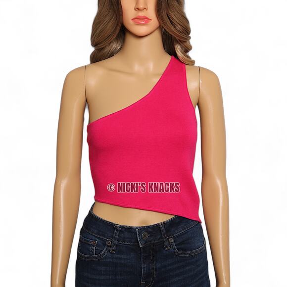 House of Harlow 1960 Pink Knit One Shoulder Crop Top Asymmetrical Hem Size M - Picture 2 of 10